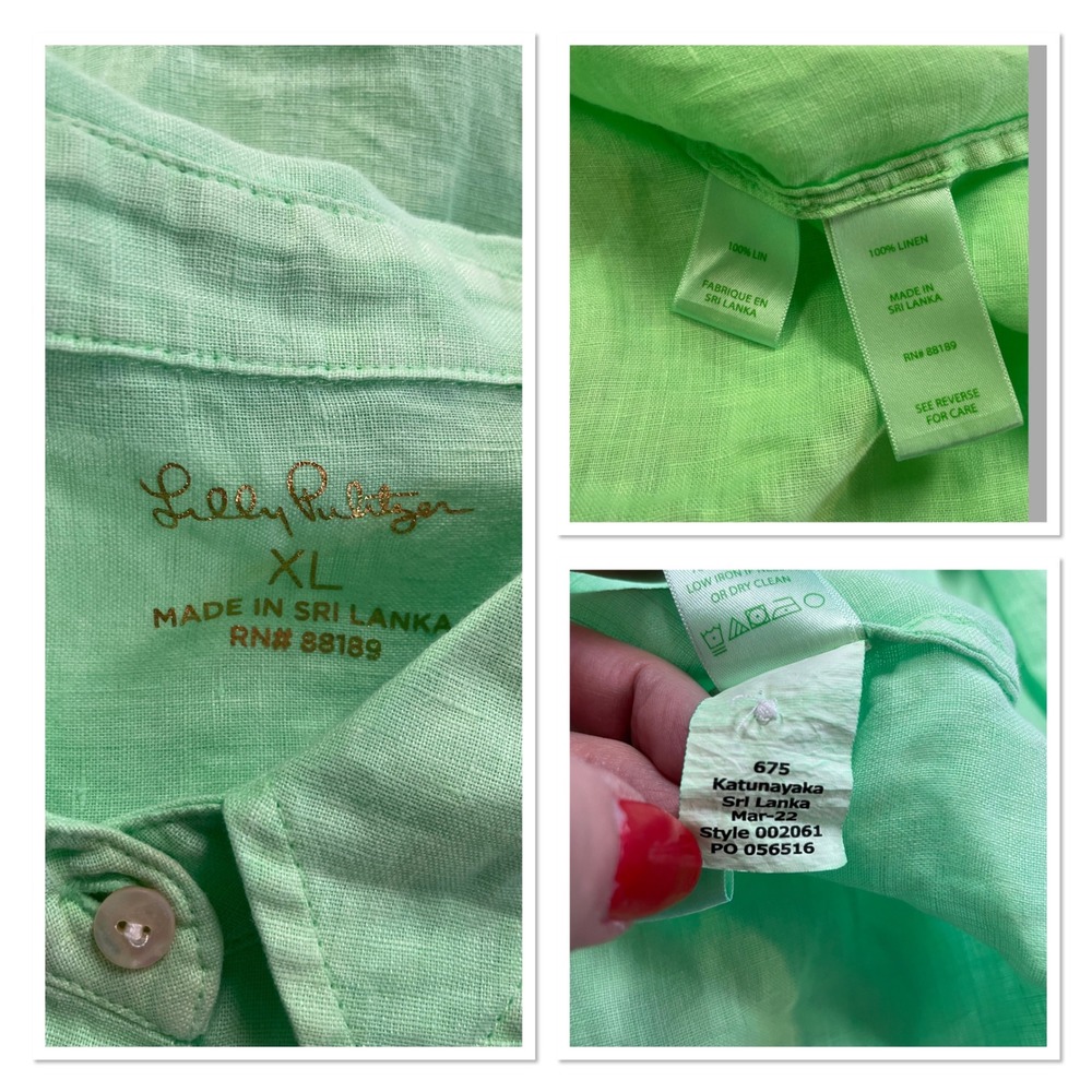 Lilly Pulitzer Sea View Green Linen Button Up Shirt Coastal Resort Preppy XL - Picture 5 of 15